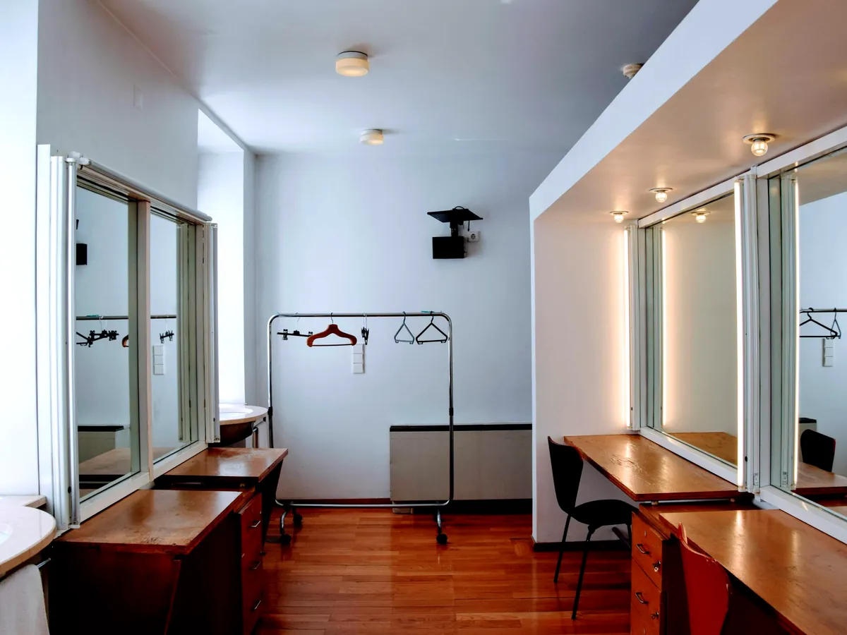 An empty dressing room with long mirrors