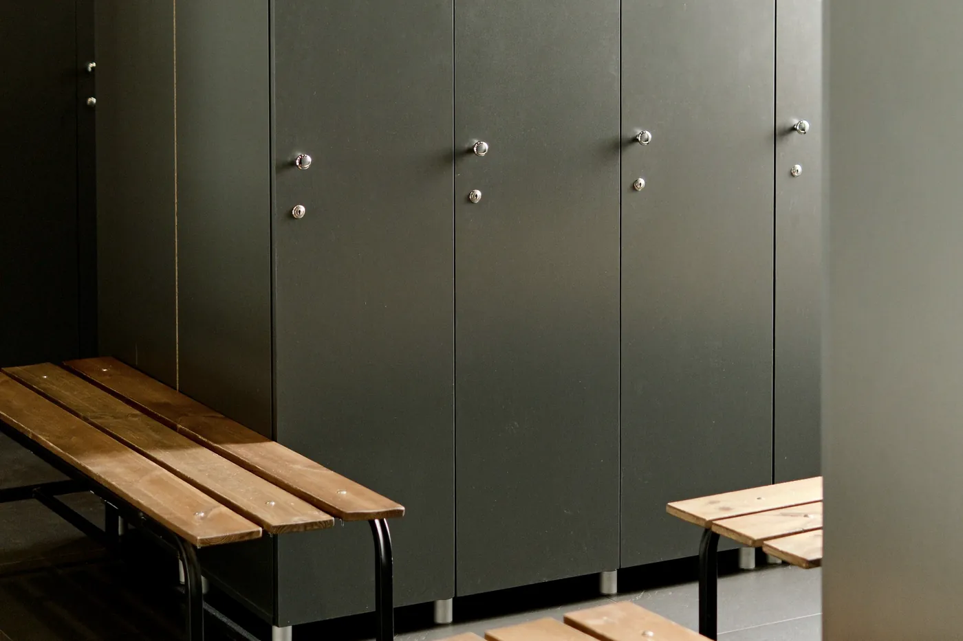 Lockers and benches in a changing room