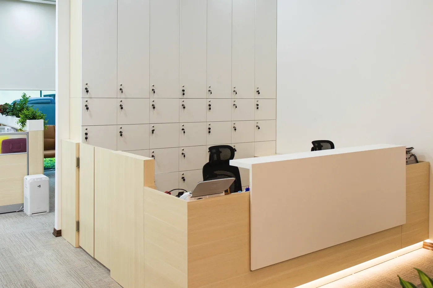 A quiet front desk and lockers