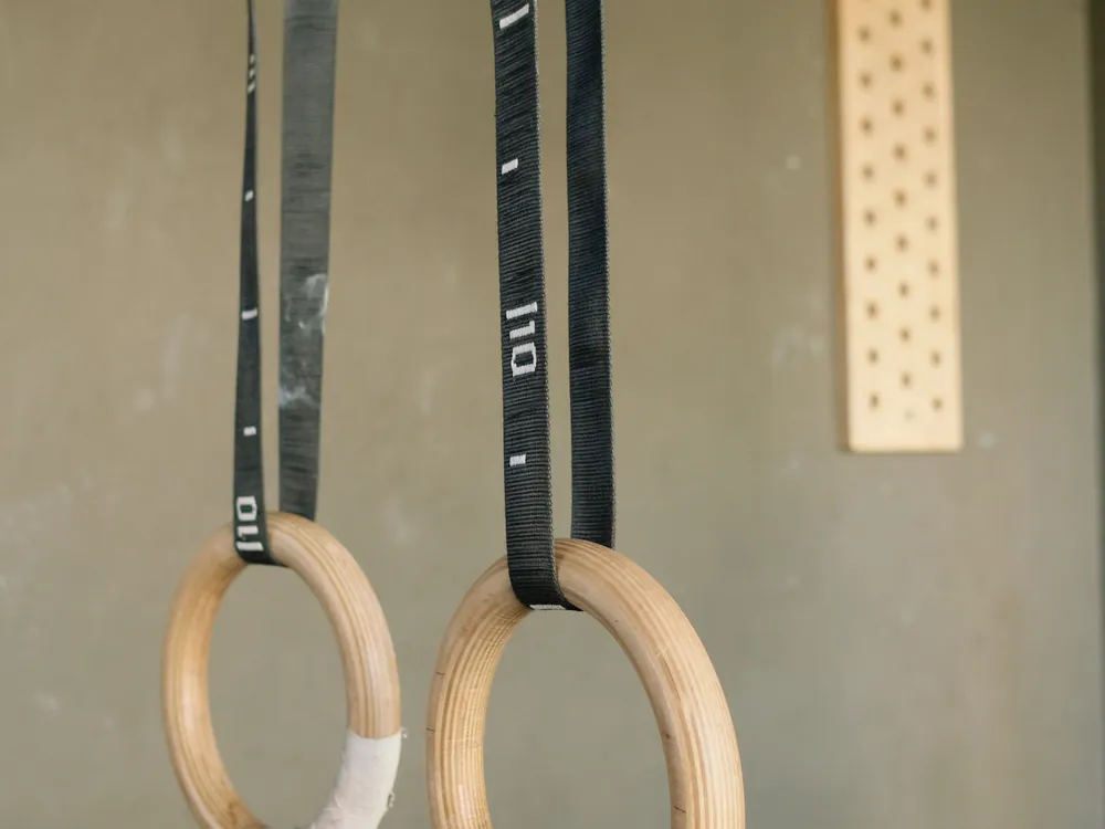 Two wooden rings hanging on straps