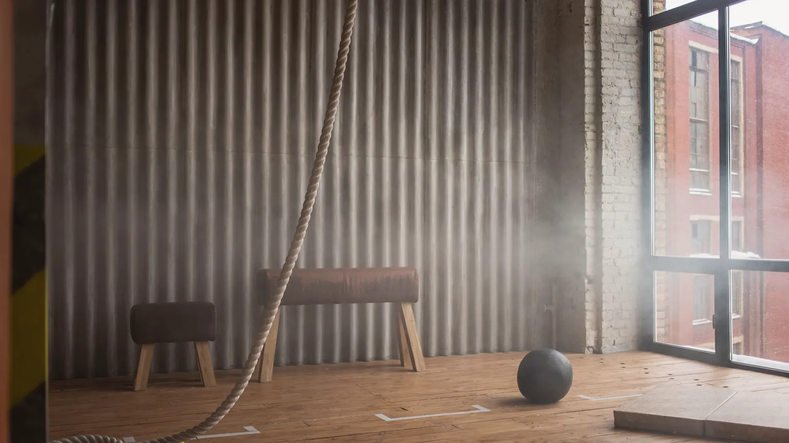 An empty loft training room with a pommel horse, a rope and a medicine ball